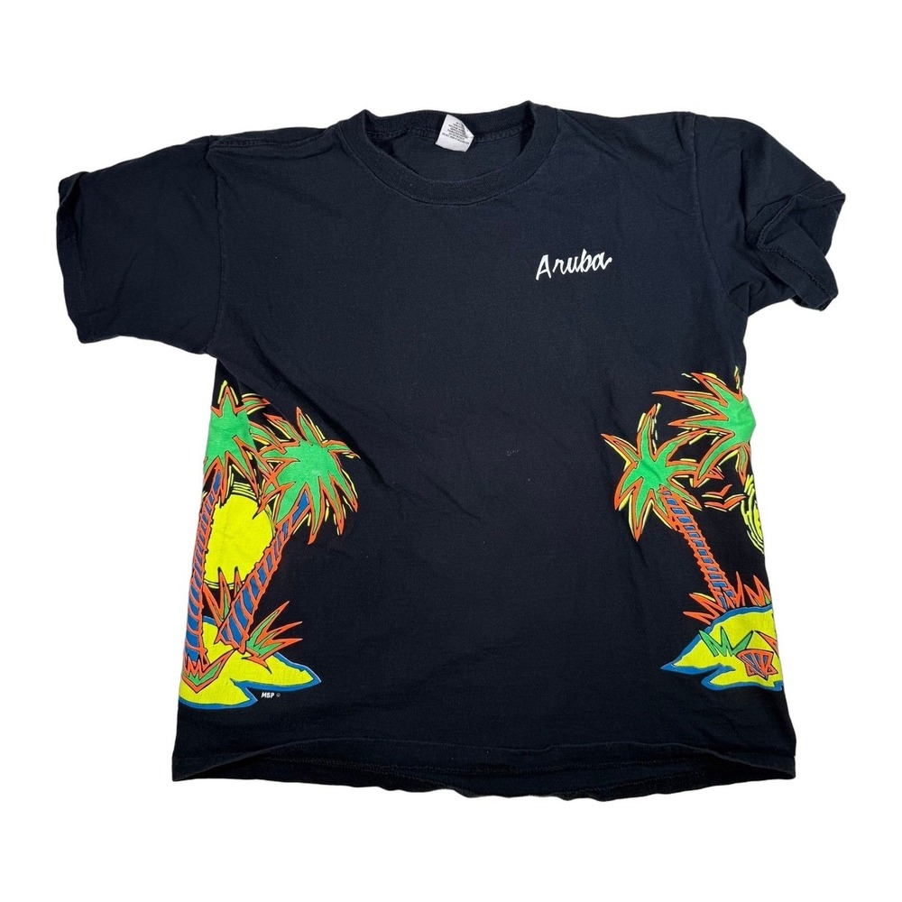 Vintage 90s Aruba T Shirt XL‎ Black Palm Trees Souvenir Vacation Graphic Tee
